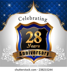 celebrating 28 years anniversary, Golden sheild with blue royal emblem background - vector eps10
