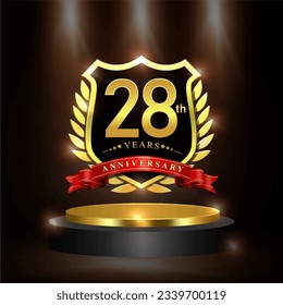 Celebrating 28 years anniversary logo with golden shield and ribbon, laurel wreath, cylinder podium vector design.