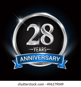 Celebrating 28 years anniversary logo with silver ring and blue ribbon.
