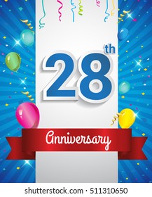 Celebrating 28th Anniversary logo, with confetti and balloons, red ribbon, Colorful Vector design template elements for your invitation card, flyer, banner and poster.