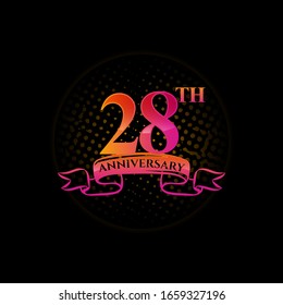 Celebrating the 28th anniversary logo, with gold rings and gradation ribbons isolated on a black background.