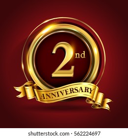 Celebrating 2nd golden anniversary, two years birthday logo celebration with gold ring and golden ribbon.