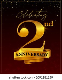 celebrating 2nd year anniversary vector banner greeting card template. second golden with golden ribbon and confetti on red and black background