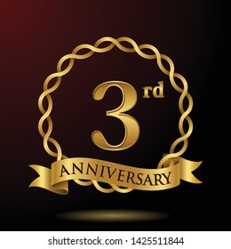 Celebrating 3 years anniversary with golden ring and ribbon on dark background, vector design.