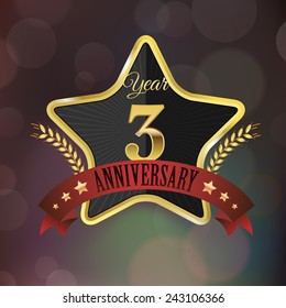 Celebrating 3 Years Anniversary - Golden Star with Laurel Wreath Seal with Red Golden - Layered EPS 10 Vector.