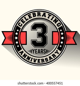 Celebrating 3 years anniversary logo vintage emblem with red ribbon, Retro vector design isolated on white background