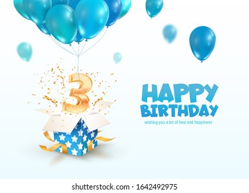 Celebrating of 3 years birthday vector 3d illustration. 3 years anniversary and open gift box with explosions confetti and number flying on balloons