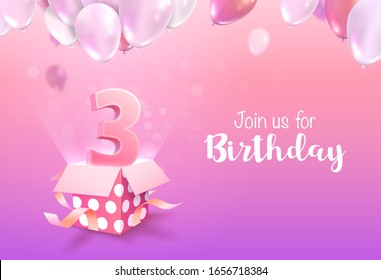 Celebrating of 3 years birthday vector 3d illustration on soft pink background. Three years anniversary and open gift box balloons