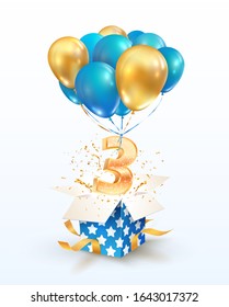 Celebrating of 3 years vector 3d illustration. 3th years. Open textured gift box with number three flying on balloons. Isolated vector design elements