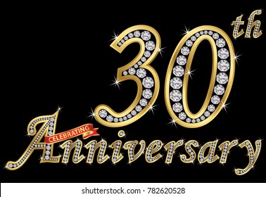Celebrating 30 th anniversary golden sign with diamonds, vector illustration svg
