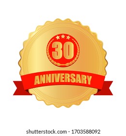 Celebrating 30 years anniversary logo with golden ring and red ribbon. Stock vector illustration on white isolated background.