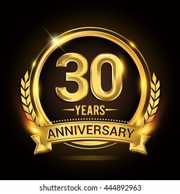 Celebrating 30 years anniversary logo with golden ring and ribbon, laurel wreath vector design.