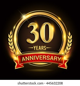 Celebrating 30 Years Anniversary Logo With Golden Ring And Red Ribbon.