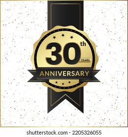 Celebrating 30th anniversary logo with gold ribbon and badge ribbon, sparkling white background and editable vector design.