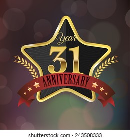 Celebrating 31 Years Anniversary - Golden Star with Laurel Wreath Seal with Red Golden - Layered EPS 10 Vector.