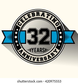 Celebrating 32 years anniversary logo vintage emblem with blue ribbon. Retro vector background.