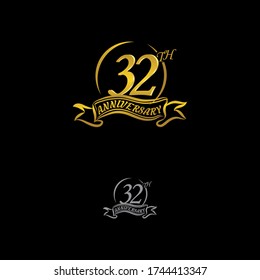 Celebrating the 32th anniversary logo, with gold rings and gradation ribbons isolated on a black background.EPS 10