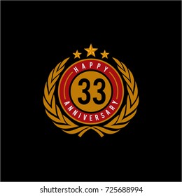 Celebrating 33 Anniversary Emblematic Badge Vector Illustration Red and Yellow Gold