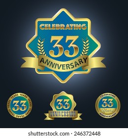 Celebrating 33 Years Anniversary - Golden Star with Laurel Wreath Seal with Red Golden - Layered EPS 10 Vector.