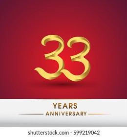 Celebrating of 33 years anniversary, logotype golden colored isolated on red background