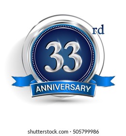Celebrating 33rd anniversary logo, with silver ring and blue ribbon isolated on white background