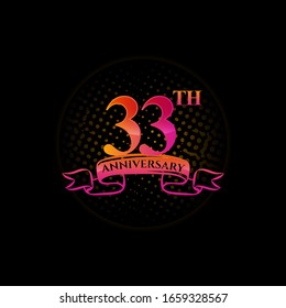 Celebrating the 33th anniversary logo, with gold rings and gradation ribbons isolated on a black background.