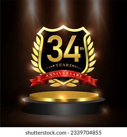 Celebrating 34 years anniversary logo with golden shield and ribbon, laurel wreath, cylinder podium vector design.