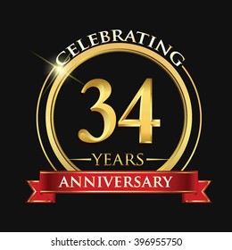 Celebrating 34 years anniversary logo. with golden ring and red ribbon.