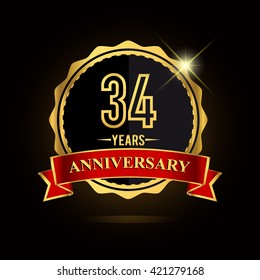 Celebrating 34 years anniversary logo with red ribbon and golden shiny badge, vector design.