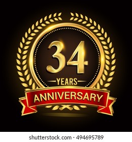 Celebrating 34 years anniversary with wreath, ribbon and golden ring logo.