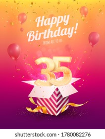 Celebrating 35 Th Years Birthday Vector Illustration. Thirty Five Anniversary Celebration Invitation Card. Adult Birth Day. Open Gift Box With Numbers Three And Five Flying