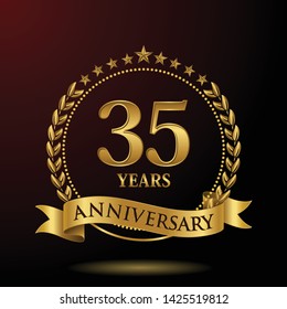 Celebrating 35 years anniversary with golden ring and ribbon on dark background, vector design.