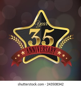 Celebrating 35 Years Anniversary - Golden Star With Laurel Wreath Seal With Red Golden - Layered EPS 10 Vector.