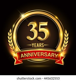 Celebrating 35 Years Anniversary Logo With Golden Ring And Red Ribbon.