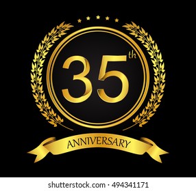 Celebrating 35 years anniversary.35th anniversary template with ribbon and laurel wreath.Vector illustration.