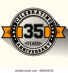 Celebrating 35th years anniversary logo vintage emblem with yellow ribbon. Retro vector background.