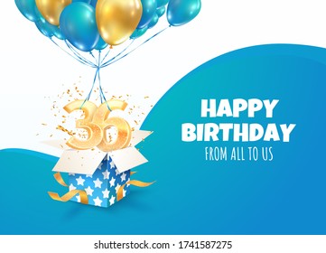 Celebrating of 36 th years birthday vector 3d illustration. Thirty six anniversary celebration. Open gift box with explosions confetti and three and six golden numbers flying on balloons 