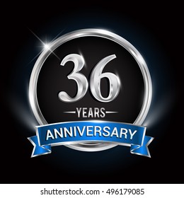Celebrating 36 years anniversary logo with silver ring and blue ribbon.