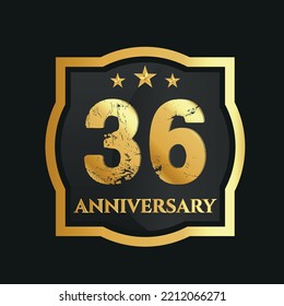 Celebrating 36th years anniversary with golden border and stars on dark background, vector design.
