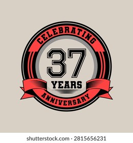 Celebrating 37 year anniversary logo vintage emblem with red ribbon, Retro vector design isolated on white background