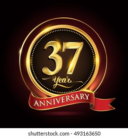 Celebrating 37 years anniversary template logo with golden ring and red ribbon.
