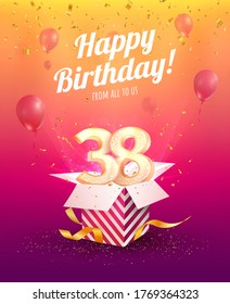 Celebrating 38 th years birthday vector illustration. Thirty-eight anniversary celebration. Adult birth day. Open gift box with numbers three and eight flying on balloons