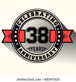 Celebrating 38 years anniversary logo vintage emblem with red ribbon, Retro vector design isolated on white background