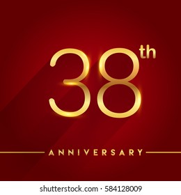 Celebrating of 38 years anniversary, logotype golden colored isolated on red background, vector design for greeting card and invitation card