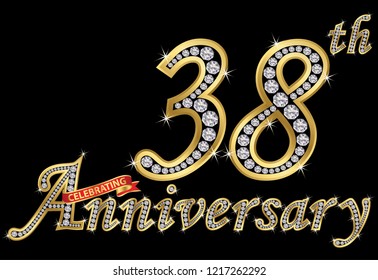 Celebrating  38th anniversary golden sign with diamonds, vector illustration