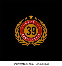 Celebrating 39 Anniversary Emblematic Badge Vector Illustration Red and Yellow Gold