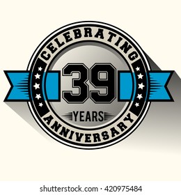 Celebrating 39 years anniversary logo vintage emblem with blue ribbon. Retro vector background.