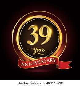 Celebrating 39 years anniversary template logo with golden ring and red ribbon.
