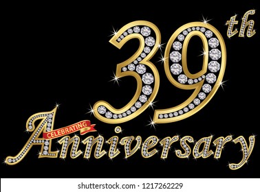 Celebrating  39th anniversary golden sign with diamonds, vector illustration svg