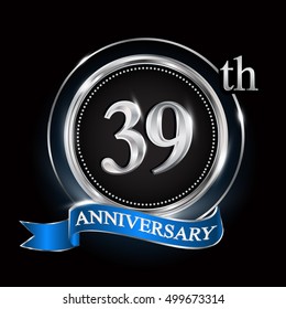 Celebrating 39th anniversary logo. with silver ring and blue ribbon.